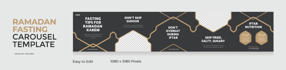 Social media carousel template, Ramadan theme square seamless square post, Ramadan fasting healthy tips, EPS vector illustration