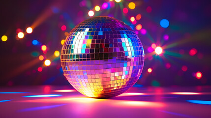 Obraz premium Disco ball sphere with colorful disco lights at party