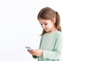 Naklejka premium A young girl in light green attire absorbed in her smartphone against a clean white backdrop, symbolizing the simplicity of digital engagement. Girl Engrossed in Smartphone on White Background