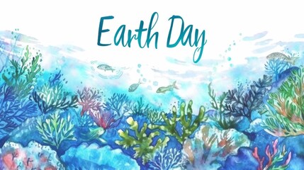 Fototapeta na wymiar Coral Reef Seascape with Fish and Earth Day Text. Celebrating Earth Day with a Lively Coral Reef Ecosystem and Swimming Fish.