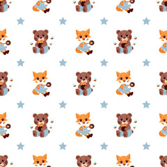 Fototapeta premium seamless vector pattern teddy bear fox and stars on a white background
