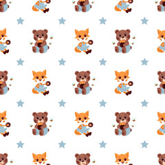 seamless vector pattern teddy bear fox and stars on a white background