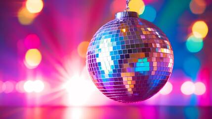 Obraz premium Disco ball sphere with colorful disco lights at party