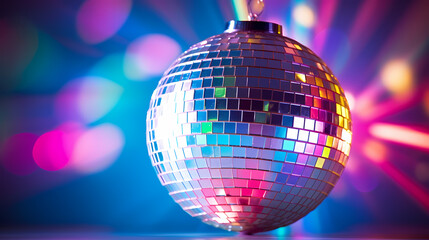 Fototapeta premium Disco ball sphere with colorful disco lights at party