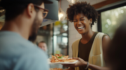 Amidst the lively atmosphere of a bustling food truck, an Afro-American female employee shares a moment of connection with a young hipster male customer