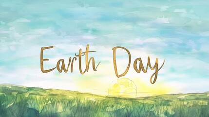 Watercolor illustration of Earth Day with sunset and grassland. Golden Sunset Over Grassland with Earth Day Lettering Watercolor Illustration.