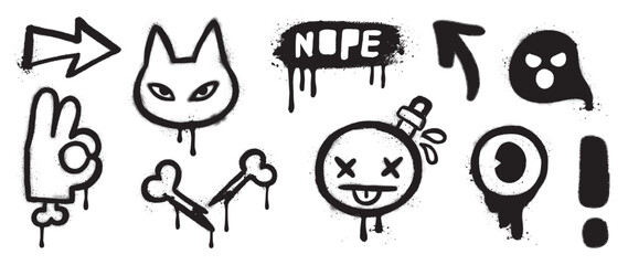 Set of black graffiti spray element vector. Collection halloween of symbol, cat, hand, bone, arrow, ghost, funny face with ink drip texture. Design illustration for sticker, decoration, street art. 