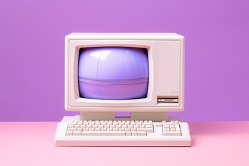 a white computer with a purple sphere on the screen