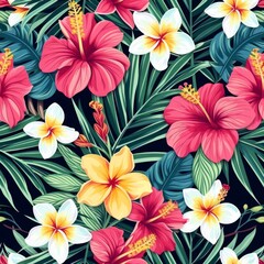 Vibrant Red and Yellow Hibiscus with Plumeria on Dark Tropical Background.