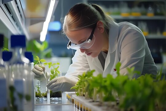 Scientist analyzes plant samples in a lab, working on biofuels, representing research and innovation in green energy.