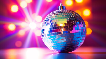 Fototapeta premium Disco ball sphere with colorful disco lights at party