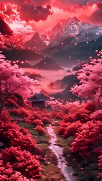 large cherry blossoms and wildflowers leading to a dojo in Japan, colourful japanese trees surrounding,generative ai