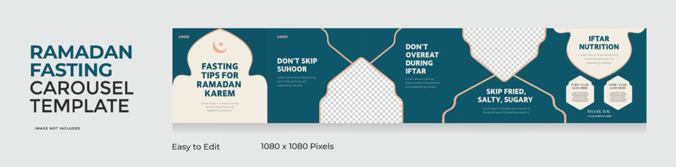 Social media carousel template, Ramadan theme square seamless square post, Ramadan fasting healthy tips, EPS vector illustration 2026