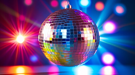 Fototapeta premium Disco ball sphere with colorful disco lights at party