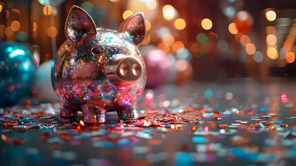 A shiny metallic piggy bank surrounded by confetti and balloons at a party.