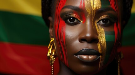 Serene African Beauty with Red and Gold Tribal Face Paint on Nature Background.