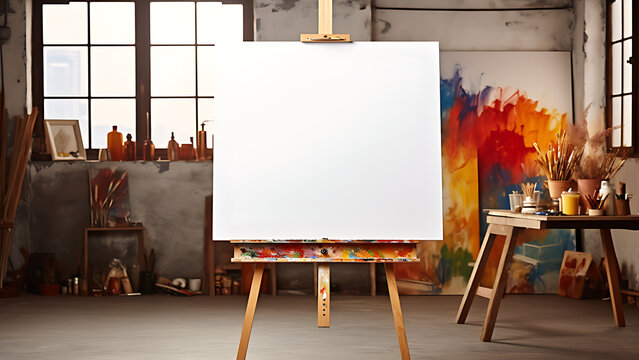 Blank painting canvas with painting art workshop background.