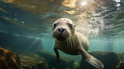 A Sea lions swim underwater in a tidal lagoon. Sea lions in shallow water. Marine wildlife - obrazy, fototapety, plakaty