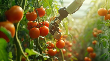 Agricultural robot arm working checking quality in tomato big green house