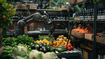 In a bustling supermarket, a sleek robot arm gently picks and places vibrant vegetables, ensuring optimal quality and efficiency