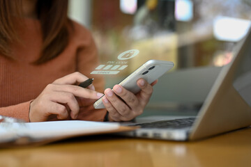 Hand entering pin code on mobile phone, User privacy security and protect personal data concept