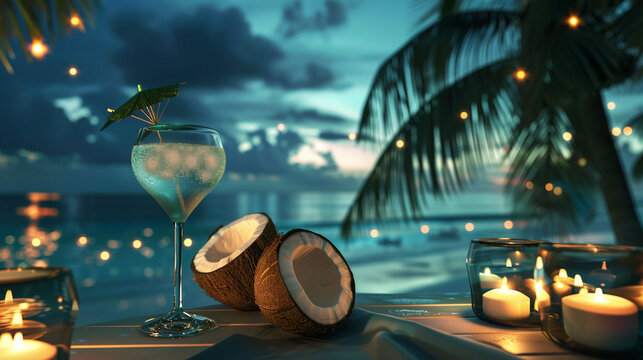 Coconut cocktail party on a space hotel terrace overlooking a beach on Earth below a luxury autumn celebration