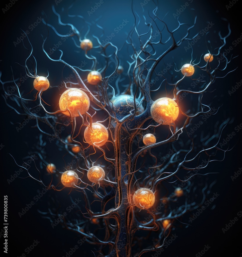 Poster a tree with many glowing orange balls on it. generative ai.