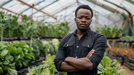 Naklejka na ściany i meble young handsome african american man with arms crossed standing in greenhouse