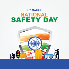 Naklejka premium National Safety Day, Week and Worker, Employee Safety Awareness at Workplace, Road Safety Week Day. Ensuring safety first roads and all workers including traffic lights, helmets, safety systems