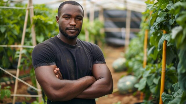 young handsome african american man with arms crossed standing in greenhouse