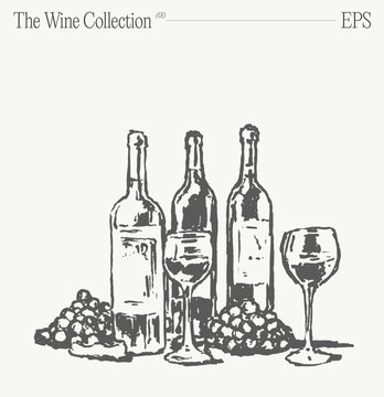Bottles of wine, glasses and grapes on a table. Hand drawn vector illustration, sketch.