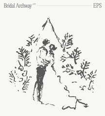 A loving couple's wedding day under the Bridal Archway. Hand drawn vector illustration, sketch.