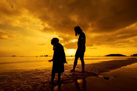 Mother Son Outdoors Sunset With Copy Space 8