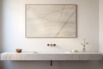 a white marble sink with a rectangular frame above it