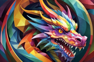 Abstract geometric multicolor mythological dragon art