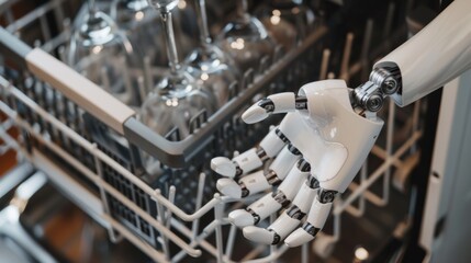 Close up robotic arm keep mug on the shelf after cleaning.