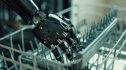 Obraz premium Close up robotic arm keep mug on the shelf after cleaning.