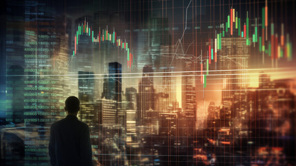 An investing and stock market concept is depicted with images of gains and profits, overlaid with faded candlestick charts