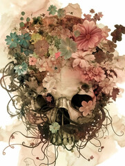 Illustration of human skull with flowers and petals