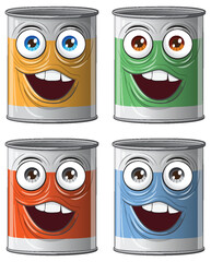 Four animated cans with cheerful expressions.