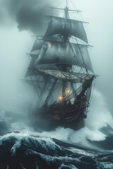 Old ship caught in storm at sea