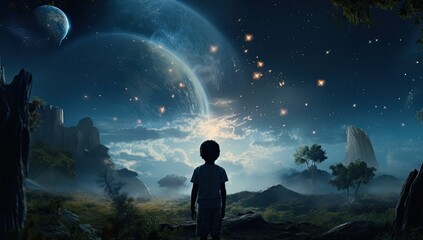 A child gazes up at a starry night sky, embodying the innocence and boundless dreams of youth - obrazy, fototapety, plakaty