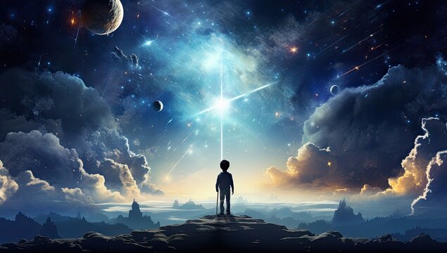 A child gazes up at a starry night sky, embodying the innocence and boundless dreams of youth