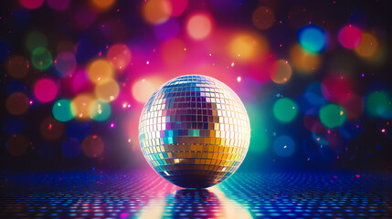 Obraz premium Disco ball sphere with colorful disco lights at party