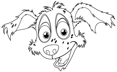 Black and white drawing of a happy dog