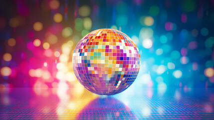 Disco ball sphere with colorful disco lights at party