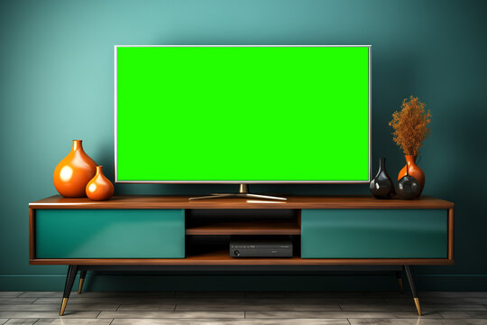 TV with green screen, chroma key in living room. No people. Banner, advertising, announcement, mock up