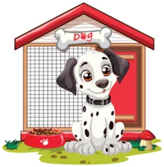 Foto auf Acrylglas Kinder Cartoon puppy sitting by its kennel and food bowl.