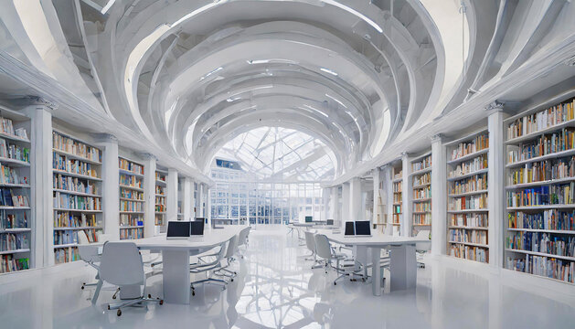 Futuristic and modern white public library. Modern bright library with bookshelves full of multicolored books and space for reading and studying. Generative Ai.