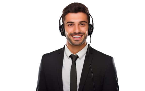 A man dressed in a suit wearing headphones, engaged in a focused activity. on a White or Clear Surface PNG Transparent Background.